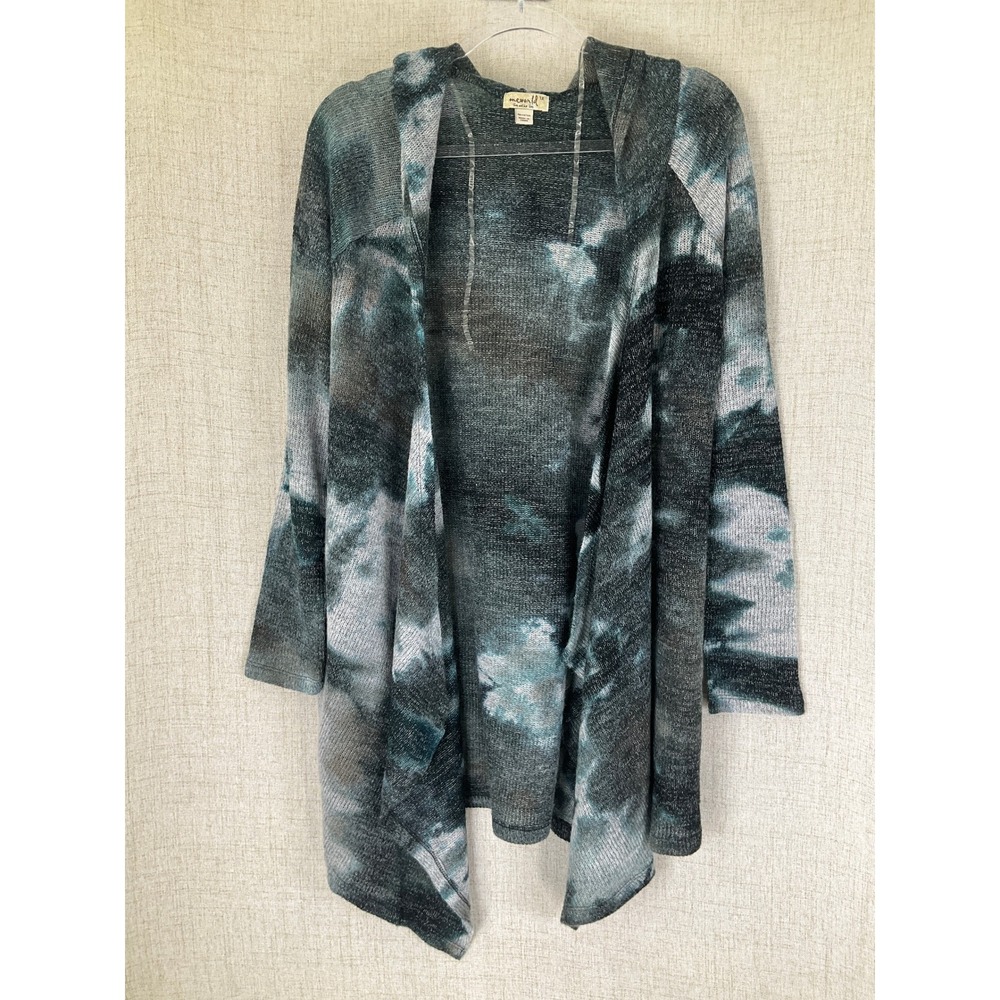 One World Womens 1X Blue Grey Tie Dye Hooded Open Front Cardigan Sweater Knit